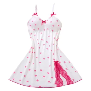Women's Sleepwear Underwear Rose Lace Bow & Heart Print Sleep Dress Sexy Pijamas Set V Neck Pajamas Mini Nightgowns Hot Dress