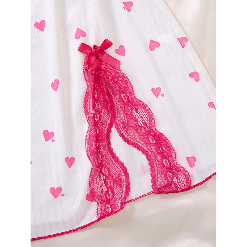 Women's Sleepwear Underwear Rose Lace Bow & Heart Print Sleep Dress Sexy Pijamas Set V Neck Pajamas Mini Nightgowns Hot Dress - Image 6