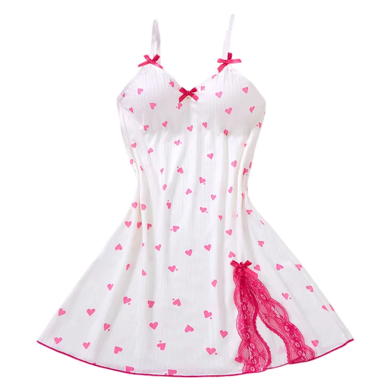 Women's Sleepwear Underwear Rose Lace Bow & Heart Print Sleep Dress Sexy Pijamas Set V Neck Pajamas Mini Nightgowns Hot Dress