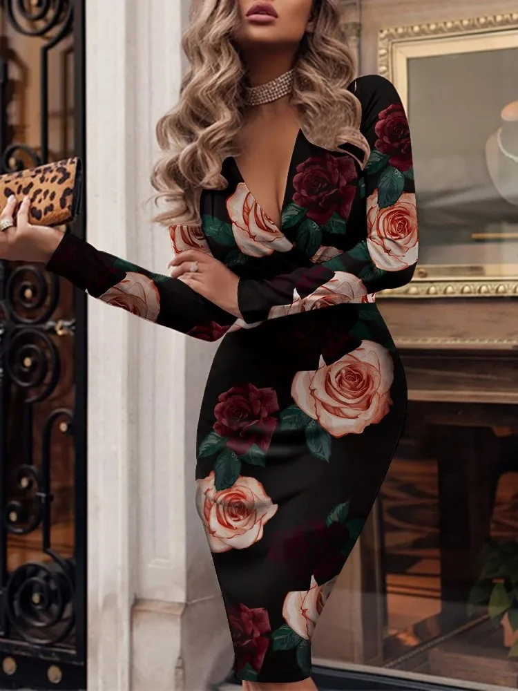 Women's Spring Autumn Printed Dress Sexy V-neck Long-sleeved Fashion Wrinkled Sequin Dress Hip-hugging Slim Leopard Print Dress - Image 2