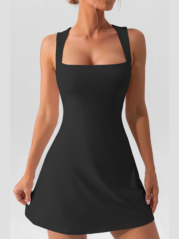 Women's Square-Neck Sleeveless Mini Dress, Solid Color, Tank Top Style, Fashionable and Elegant, Sporty, Fitness - Image 2