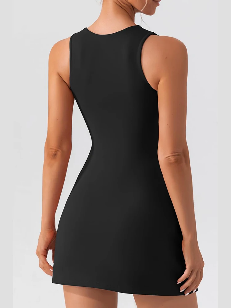 Women's Square-Neck Sleeveless Mini Dress, Solid Color, Tank Top Style, Fashionable and Elegant, Sporty, Fitness - Image 3