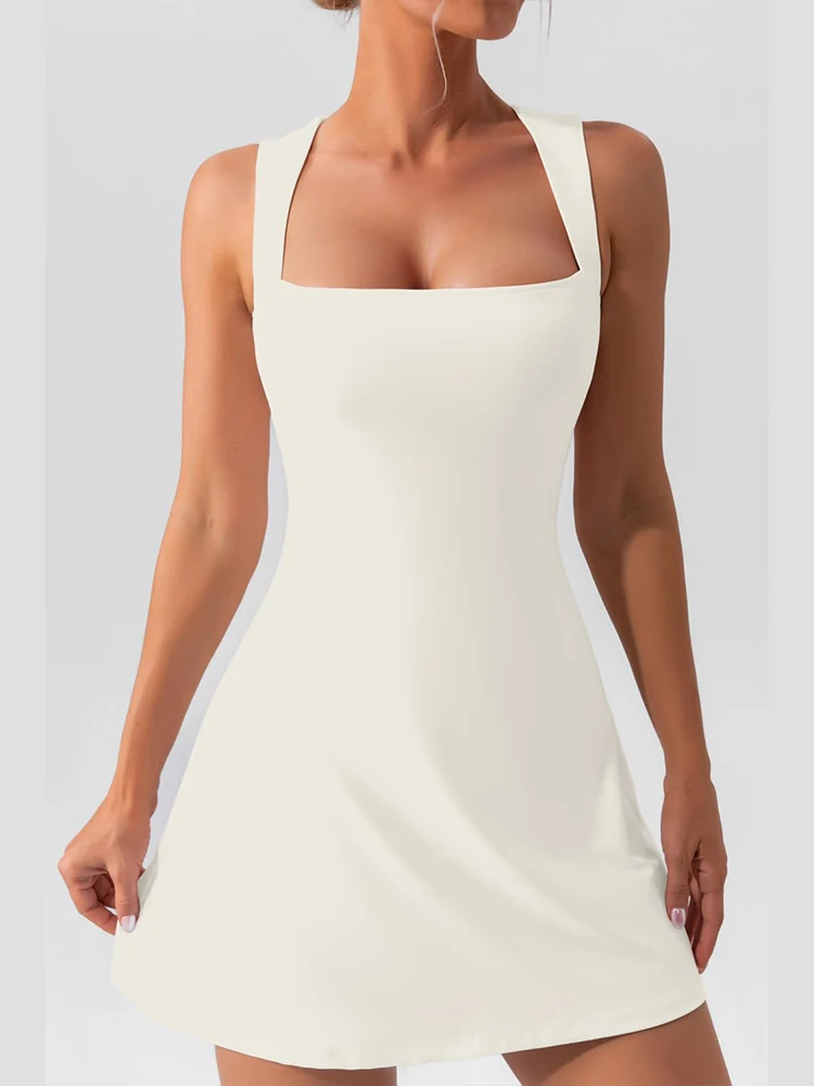 Women's Square-Neck Sleeveless Mini Dress, Solid Color, Tank Top Style, Fashionable and Elegant, Sporty, Fitness - Image 5