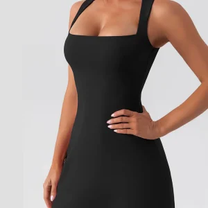 Women's Square-Neck Sleeveless Mini Dress, Solid Color, Tank Top Style, Fashionable and Elegant, Sporty, Fitness