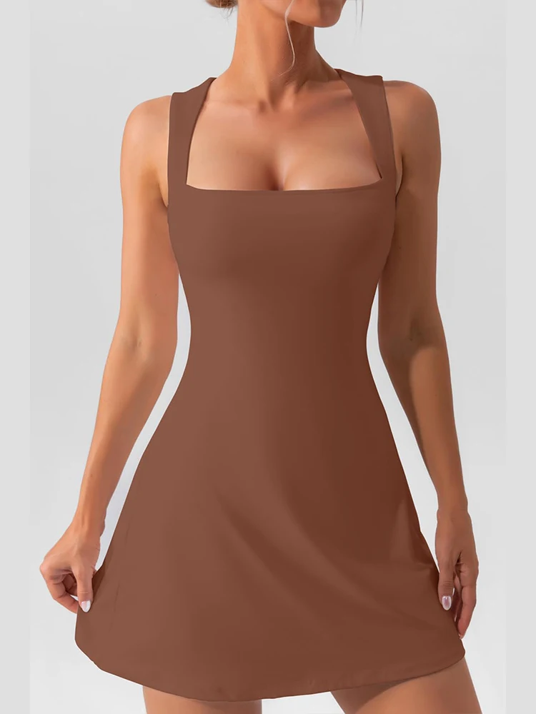 Women's Square-Neck Sleeveless Mini Dress, Solid Color, Tank Top Style, Fashionable and Elegant, Sporty, Fitness - Image 6