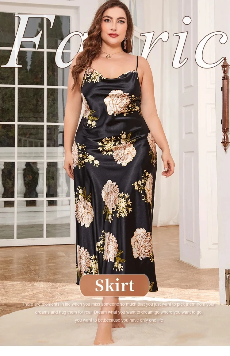 XL-5XL Big Size Sexy Suspender Nightdress Sleepwear Lingerie Summer Women Nightgown Loose Silky Satin Dressing Gown Loungewear - Image 2