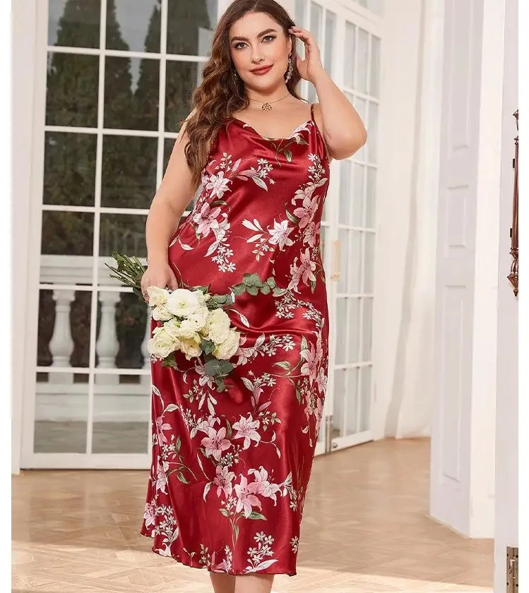 XL-5XL Big Size Sexy Suspender Nightdress Sleepwear Lingerie Summer Women Nightgown Loose Silky Satin Dressing Gown Loungewear - Image 3