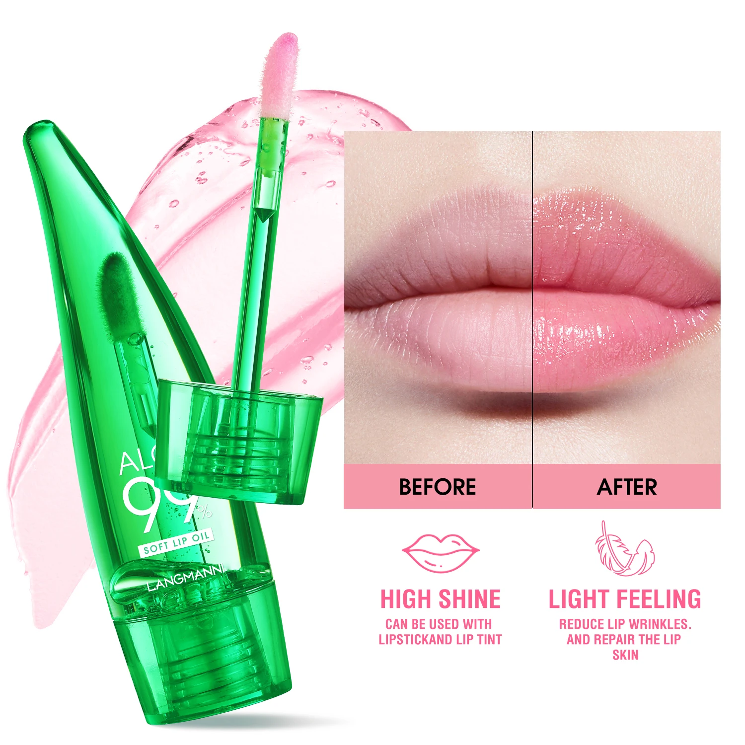 langmannni Aloe Vera Moisturising Lip Gloss Warm Feeling Colour Changing Lip Glaze Long Lasting Moisture Lip Oil - Image 2