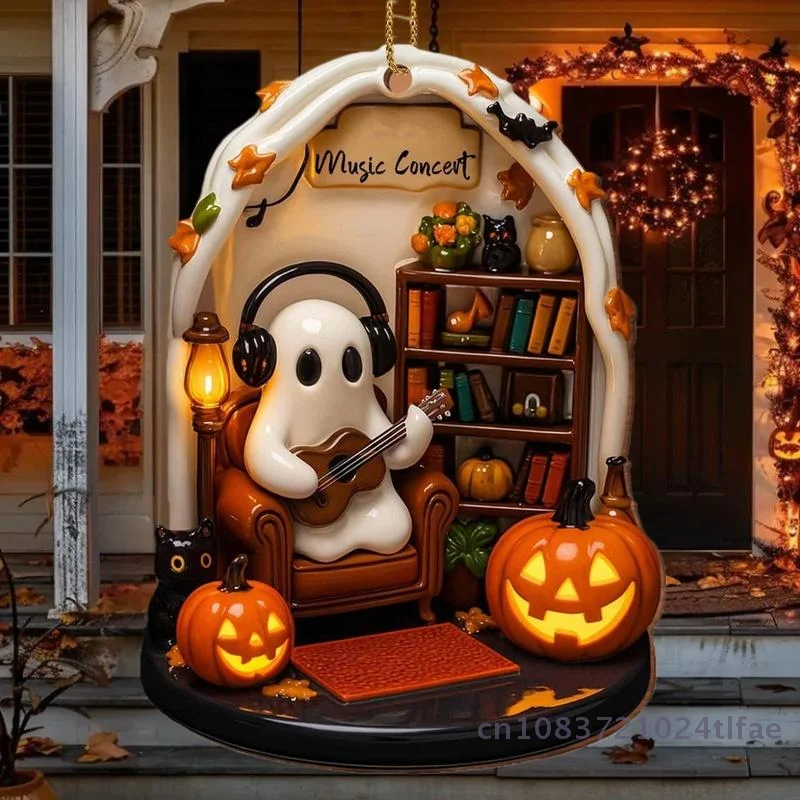 1 Pc Cute Reading Ghost Halloween Ghost Ornaments 2D Flat Acrylic Pendant Halloween Hanging Home Decor - Image 2