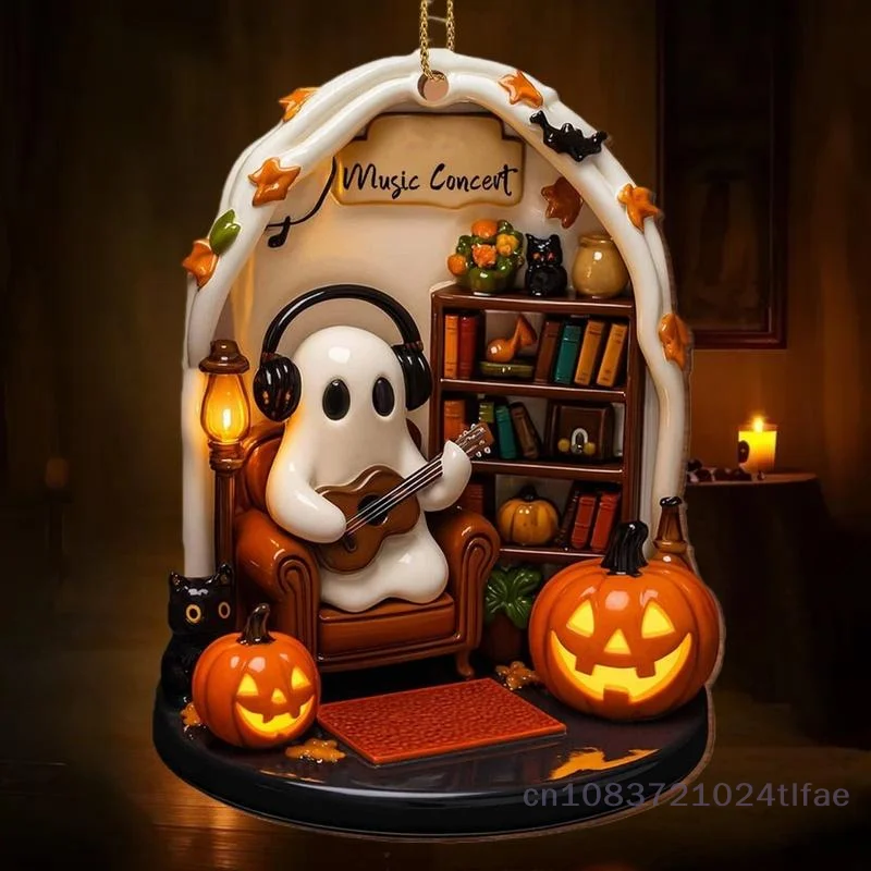 1 Pc Cute Reading Ghost Halloween Ghost Ornaments 2D Flat Acrylic Pendant Halloween Hanging Home Decor - Image 3