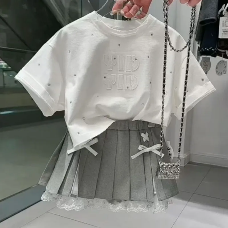 100-170cm Girls' Summer Outfit Set 2026 Summer New Style Children's Short-Sleeved T-Shirt Pleated Skirt Stylish Two-Piece Set - Image 2