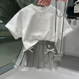100-170cm Girls' Summer Outfit Set 2026 Summer New Style Children's Short-Sleeved T-Shirt Pleated Skirt Stylish Two-Piece Set