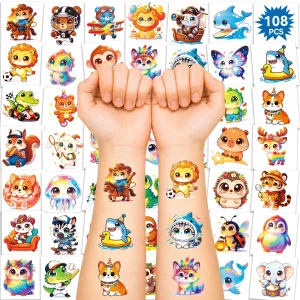 108pcs Larger Pre-Cut Temporary Tattoos For Stocking Stuffers, Mixed Cute Animals Stickers Birthday Party Favors , Goodie Bag