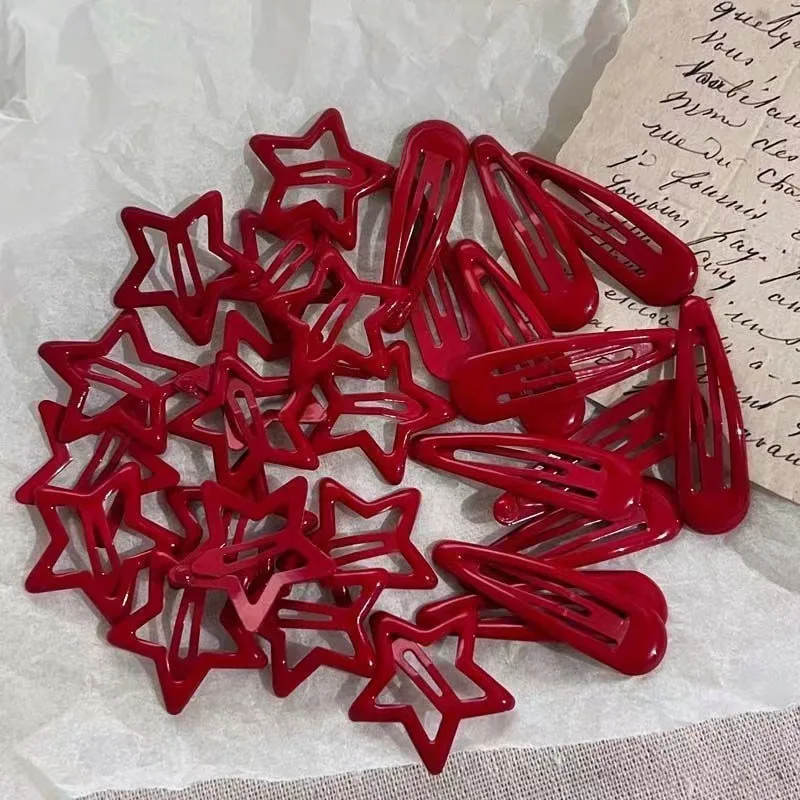 10Pcs/Set New Red Star Snap Clip for Girl Waterdrop Barrettes Black Hairpin Women Silver Hair Clip Accessories Kawaii BB Clip - Image 2