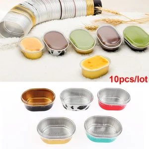 10pcs Tin Foil Aluminum Foil Pudding Cup With Lid Square Disposable Mini Mousse Cupcake Containers Baking Mould