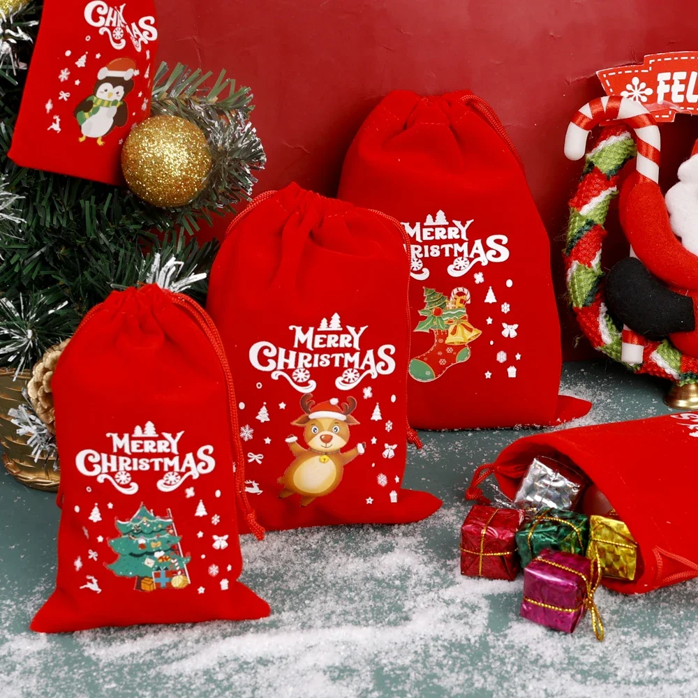 1/10pcs Red Christmas Velvet Bag Drawstring Pouch Santa Candy Gift Snack Wrapping Xmas Party Favor Jewelry Packaging Storage Bag - Image 2