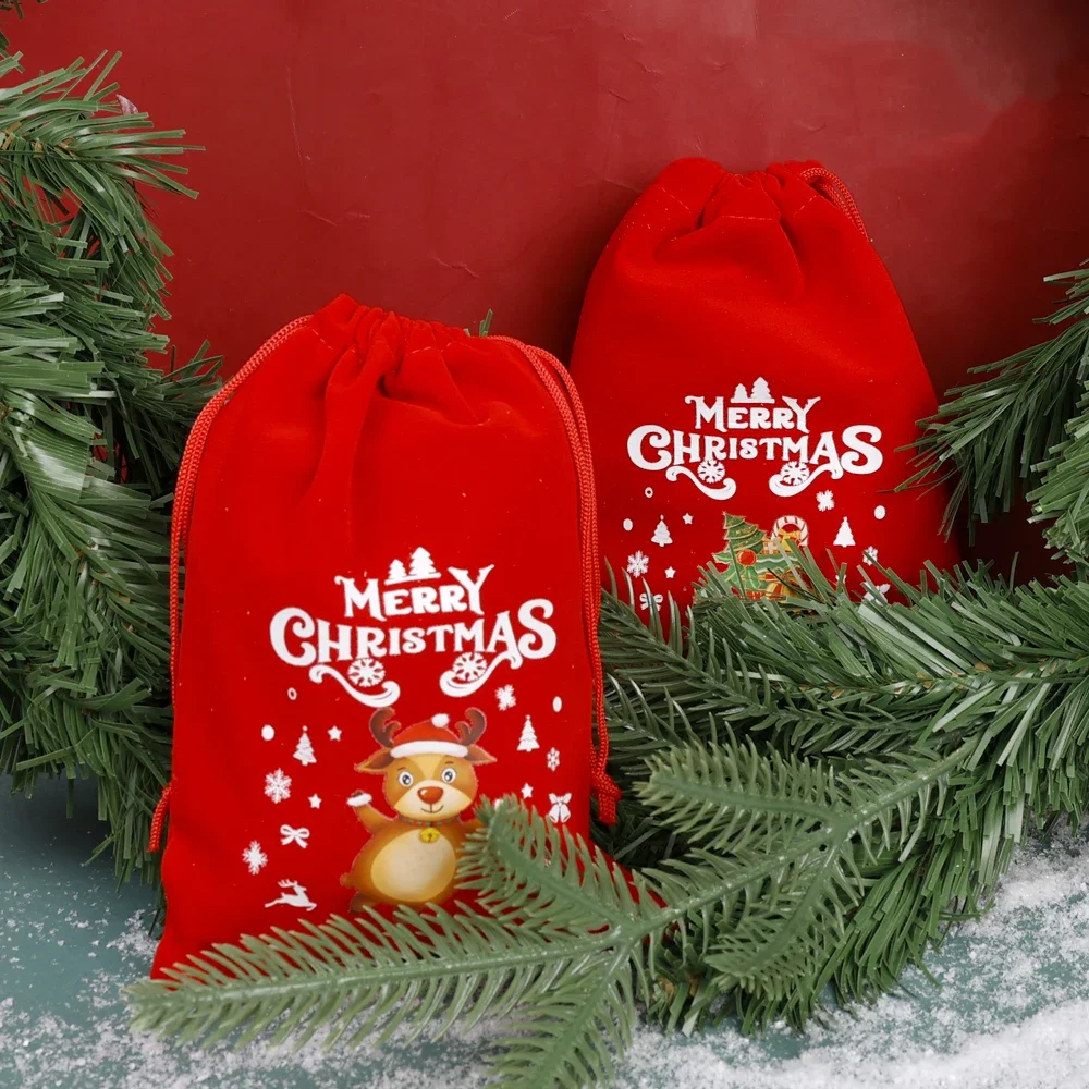 1/10pcs Red Christmas Velvet Bag Drawstring Pouch Santa Candy Gift Snack Wrapping Xmas Party Favor Jewelry Packaging Storage Bag - Image 6