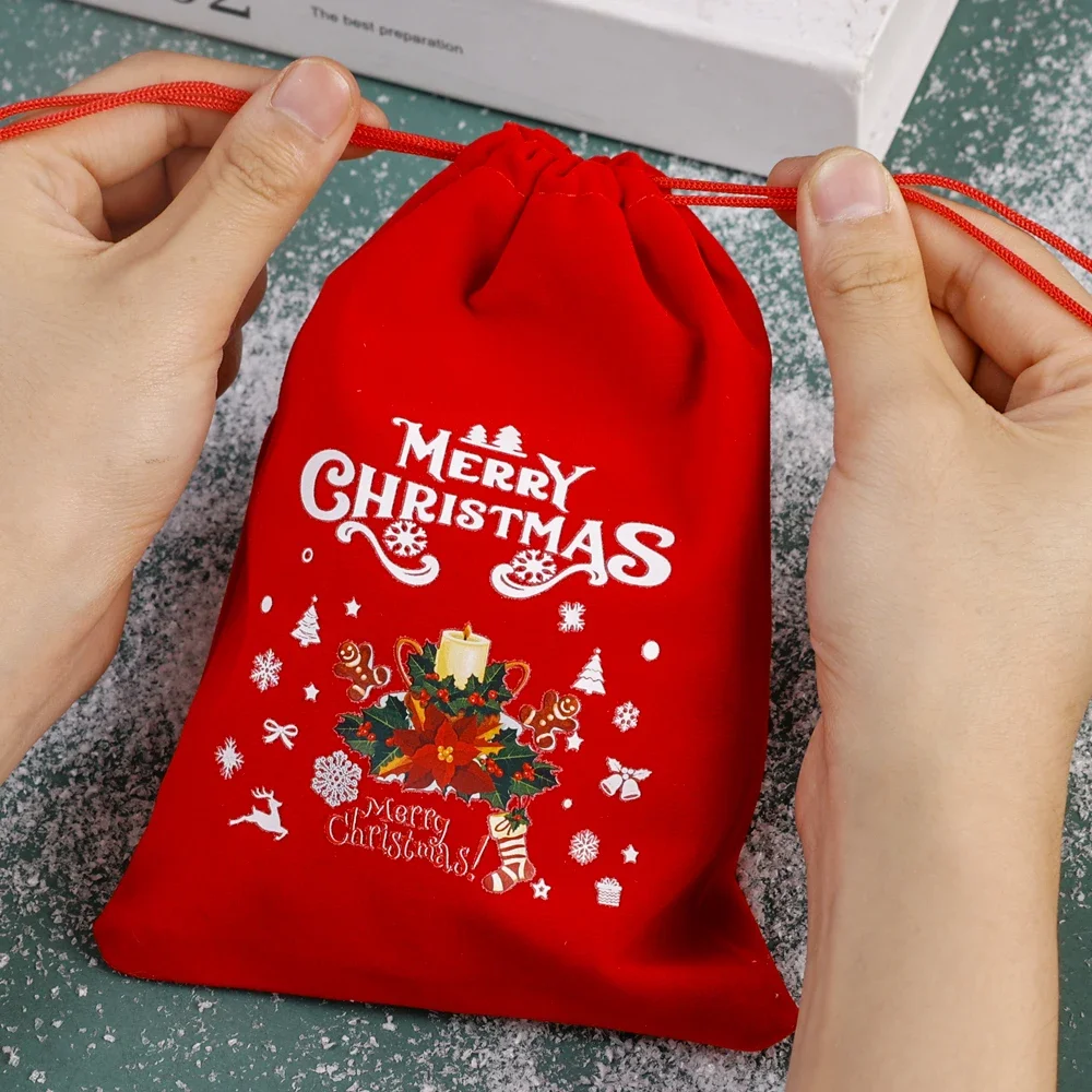 1/10pcs Red Christmas Velvet Bag Drawstring Pouch Santa Candy Gift Snack Wrapping Xmas Party Favor Jewelry Packaging Storage Bag - Image 3
