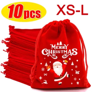 1/10pcs Red Christmas Velvet Bag Drawstring Pouch Santa Candy Gift Snack Wrapping Xmas Party Favor Jewelry Packaging Storage Bag