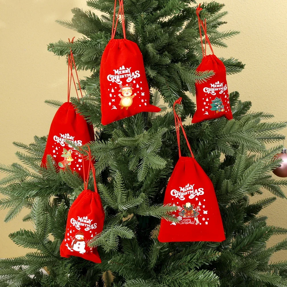 1/10pcs Red Christmas Velvet Bag Drawstring Pouch Santa Candy Gift Snack Wrapping Xmas Party Favor Jewelry Packaging Storage Bag - Image 5