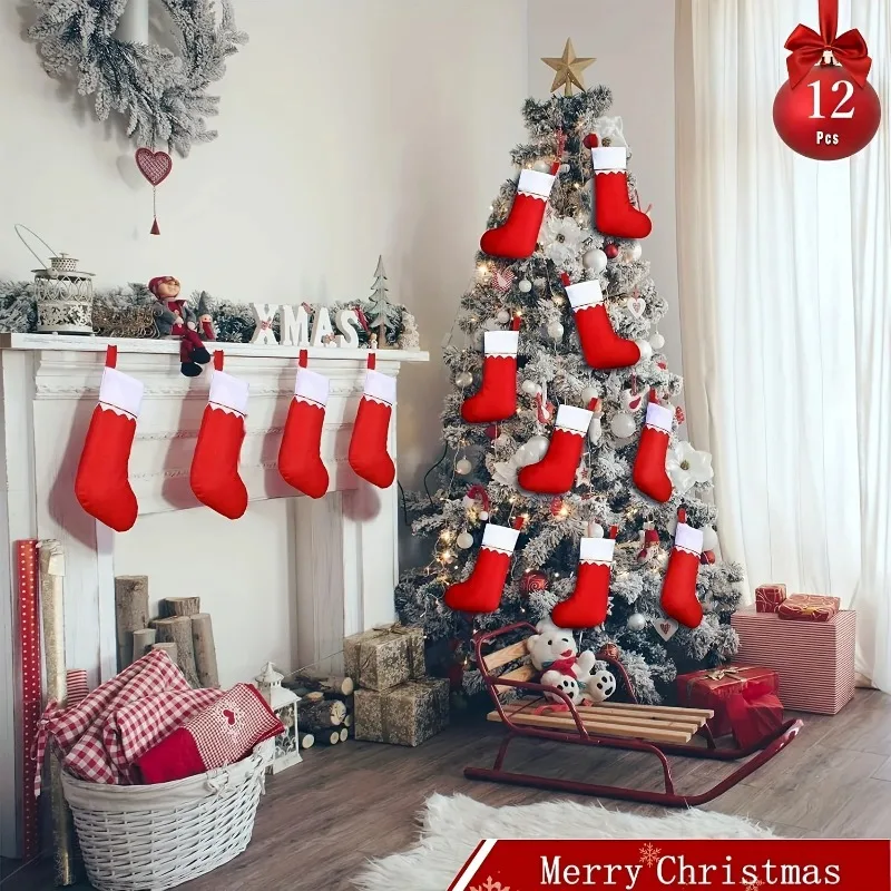 12 festive red Christmas stockings with Santa Claus and reindeer design - for holiday celebrations - Image 2