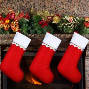 12 festive red Christmas stockings with Santa Claus and reindeer design - for holiday celebrations