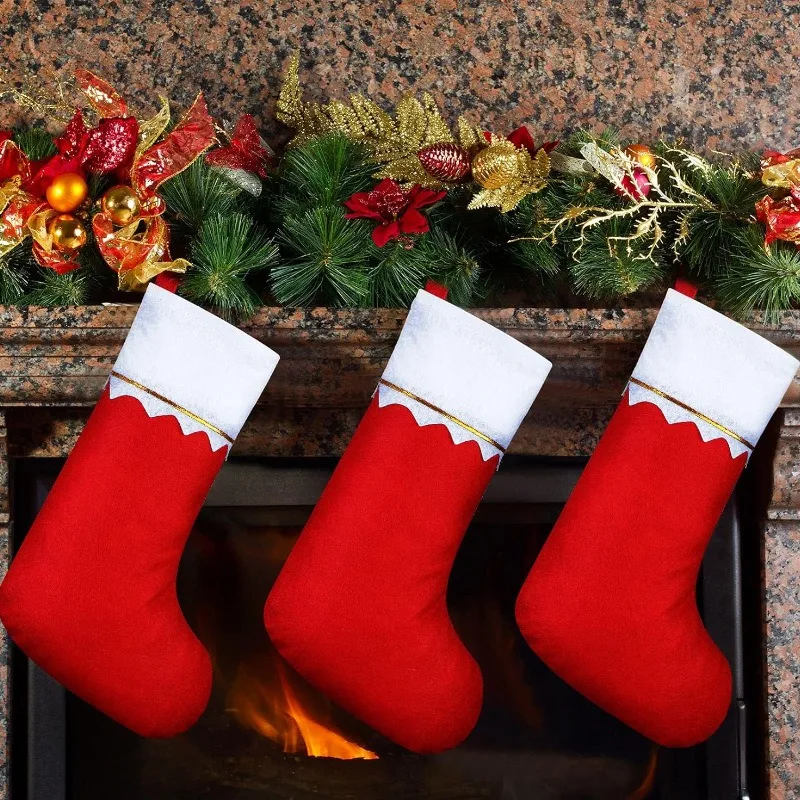 12 festive red Christmas stockings with Santa Claus and reindeer design - for holiday celebrations