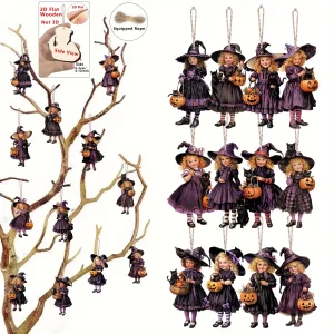 12Pcs Halloween Christmas Wooden Pendant Decoration Medieval Witch Pendant Halloween Night Party Decoration Gift Supplies