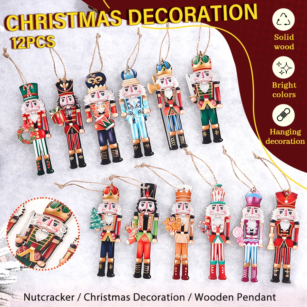 12Pcs/Set New Wooden Christmas Nutcracker Soldier Pendants Christmas Tree Ornaments Navidad Natal Xmas Gift Happy New Year