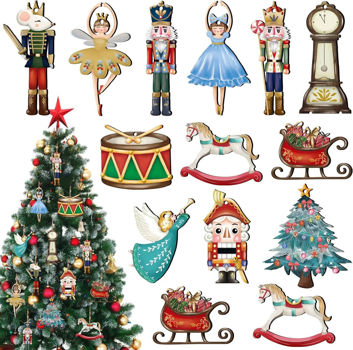 12Pcs/set Nutcracker Puppet Christmas Tree Pendant Wooden Nutcracker Soldier Hanging Pendant Noel New Year Party Home Decoration