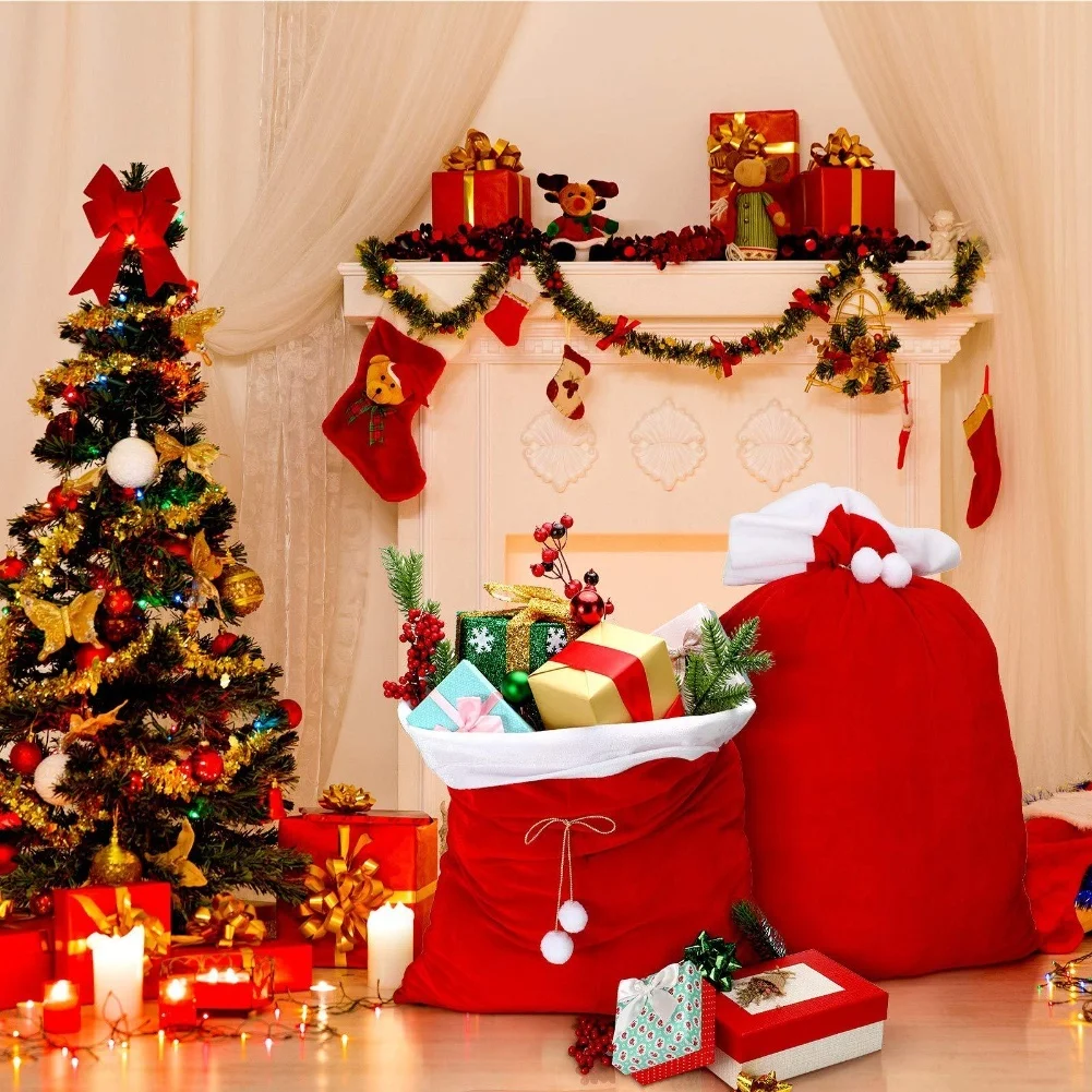 1/2pcs Velvet Santa Claus Gifts Bag With Drawstring Accents For Christmas Holiday Party Supplies Convenient Drawstring Bags