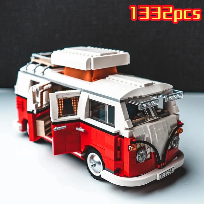 1332pcs Technical T1 Camper Van Bus Car Building Blocks Vehicle Assemble Model Fit MOC Set Bricks Toys For Boys Girl Gifts