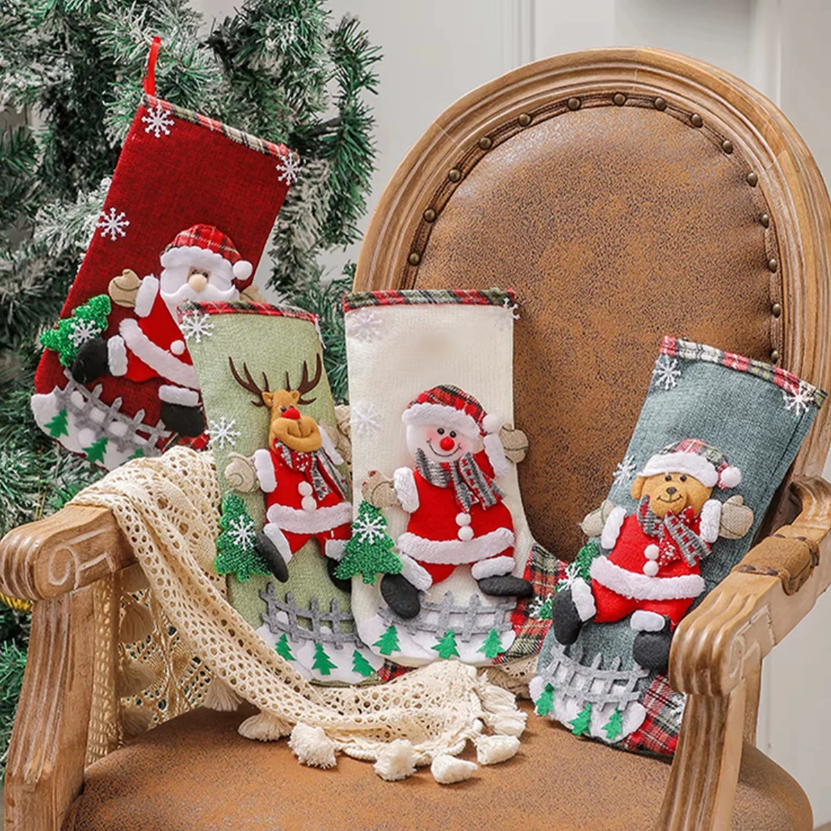 1/4pcs Christmas Stockings Large Capacity Cute Santa Claus/Snowman/Bear/Elk Gift Bags for Xmas Tree Hanging Ornaments Home Decor - Image 5
