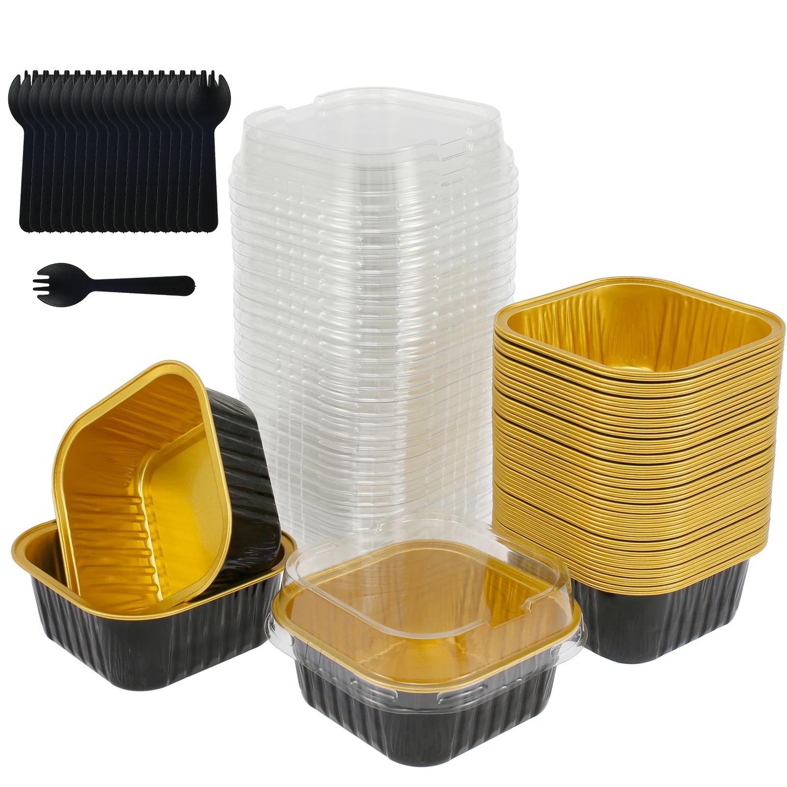 150Pcs Aluminum Foil Cupcake Cups with Lids and Spoons 150ml Non-Stick Foil Baking Cups Square Ramekin Containers for Home Party