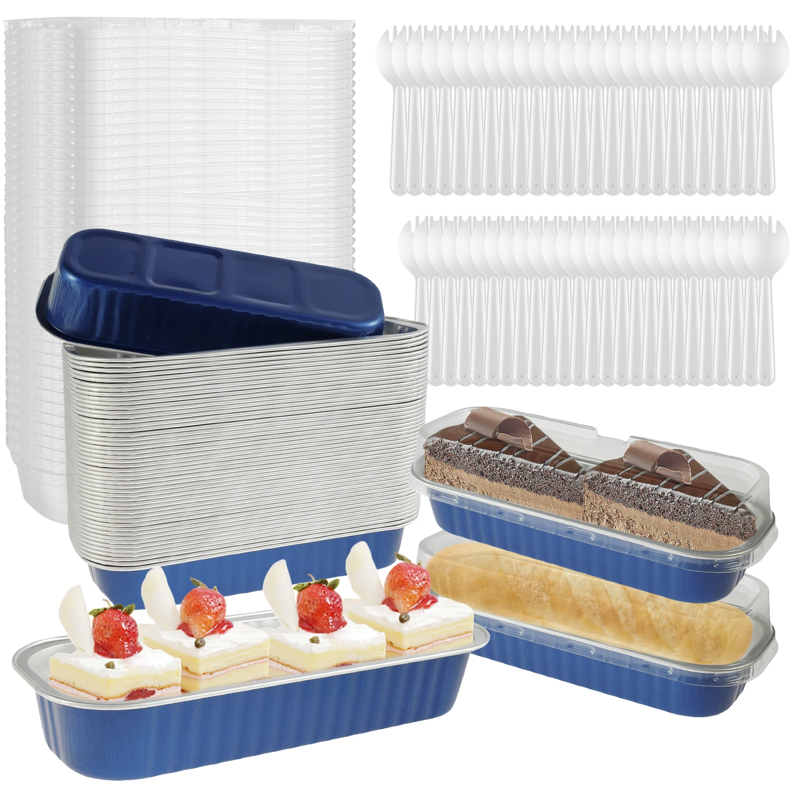 150Pcs Mini Loaf Pans with Lids and Spoons 200ml Rectangle Aluminum Foil Baking Pan Mini Bread Container Heat-Resistant Cake Pan