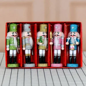 1/5Pcs Holiday Small Hanging Decoration 13CM Colorful Glitter Nutcracker Soldier Puppets Christmas Wooden Ornaments