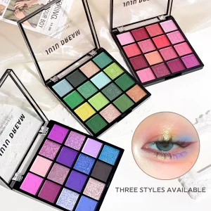 16-Color Eyeshadow Palette: Koi, Mermaid, Enchanted Forest, with pearlescent, matte, and fine shimmer finishes.