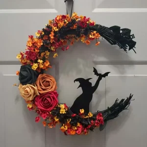 1PC Halloween Wreath, Plastic Crescent Moon Cat Design with Rose Accents, Festive Front Door Window Wall Decor, for Christmas