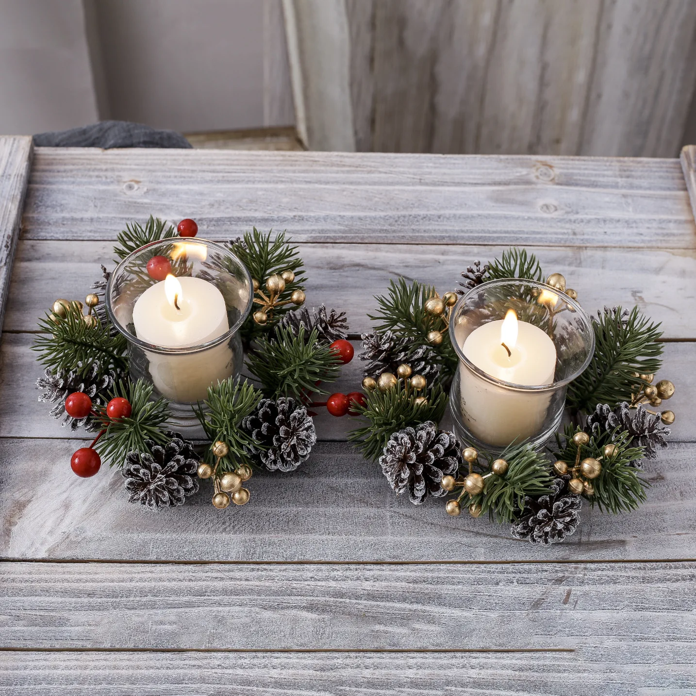 1Pc Christmas Mini Pinecone Wreath Artificial Candle Cup Garland Xmas Table Desktop Ornament Window Door Wall Hanging Home Decor - Image 2