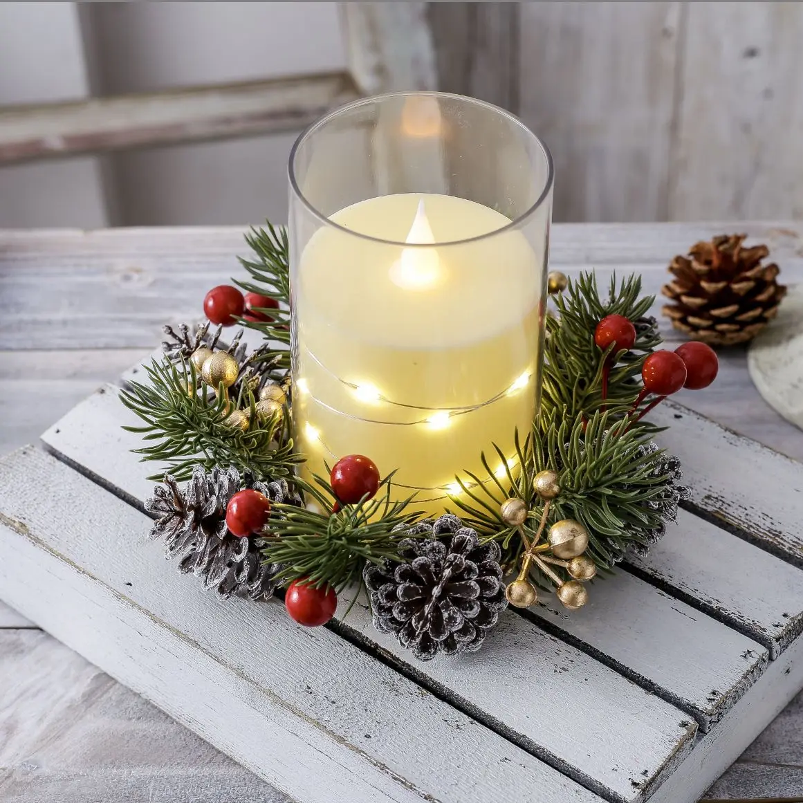 1Pc Christmas Mini Pinecone Wreath Artificial Candle Cup Garland Xmas Table Desktop Ornament Window Door Wall Hanging Home Decor - Image 4