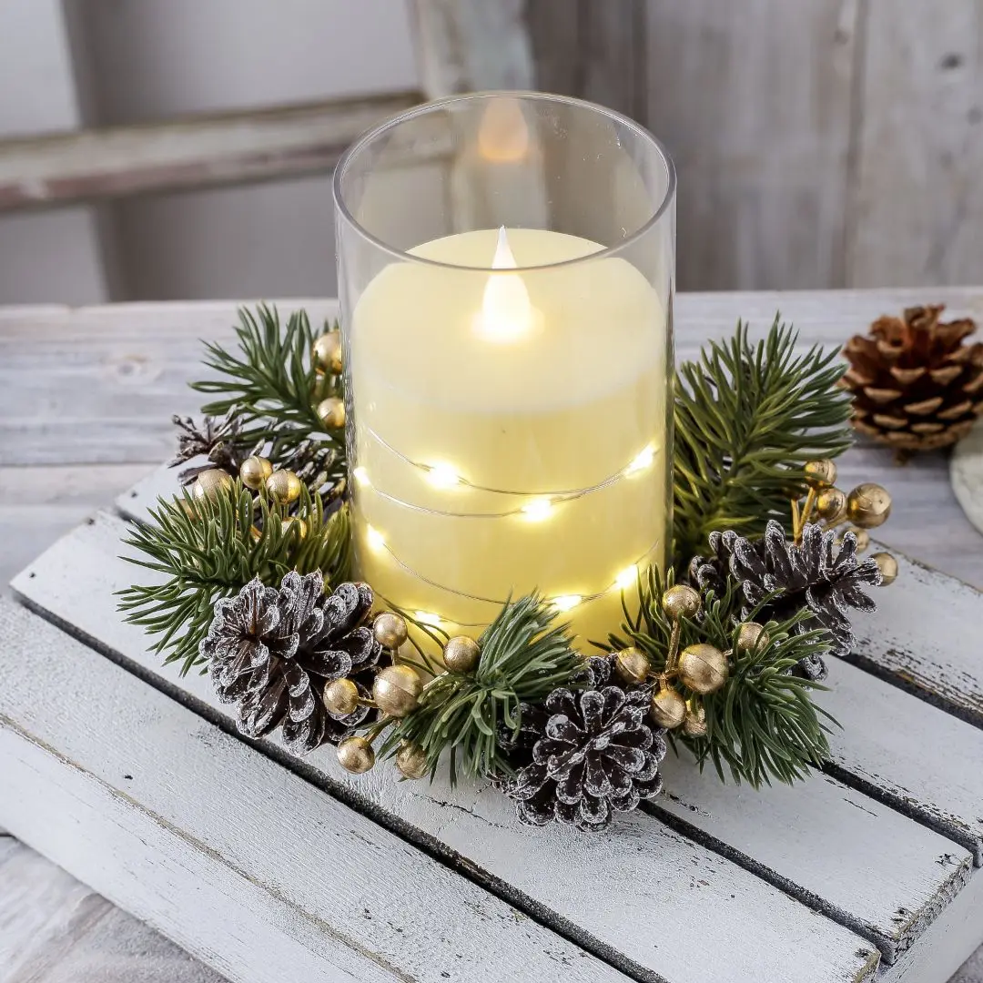 1Pc Christmas Mini Pinecone Wreath Artificial Candle Cup Garland Xmas Table Desktop Ornament Window Door Wall Hanging Home Decor - Image 3