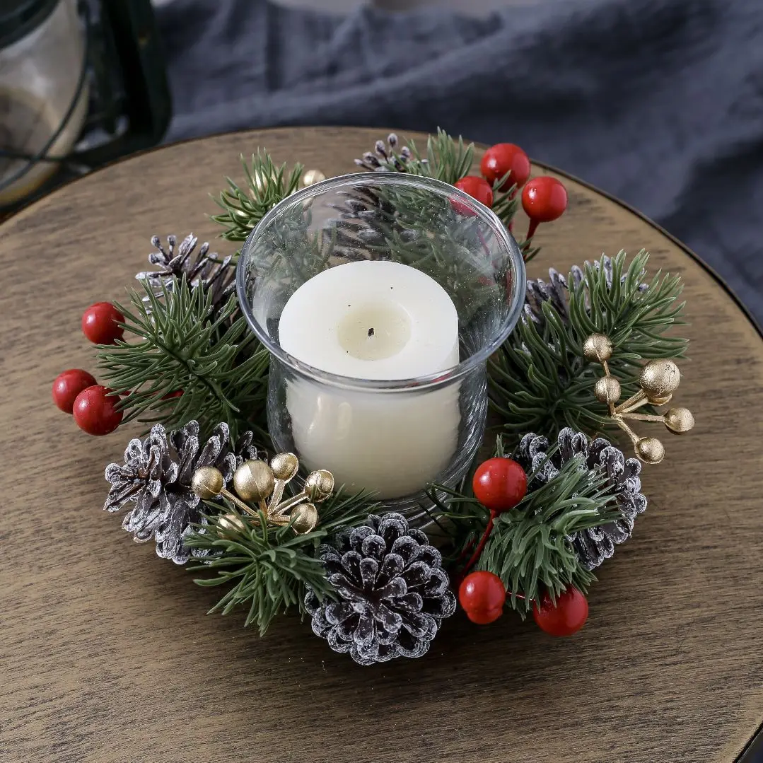 1Pc Christmas Mini Pinecone Wreath Artificial Candle Cup Garland Xmas Table Desktop Ornament Window Door Wall Hanging Home Decor - Image 5