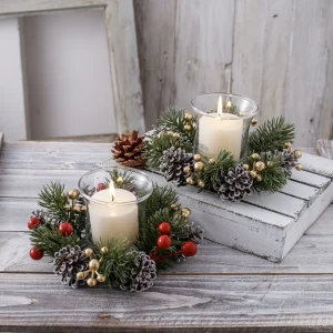 1Pc Christmas Mini Pinecone Wreath Artificial Candle Cup Garland Xmas Table Desktop Ornament Window Door Wall Hanging Home Decor