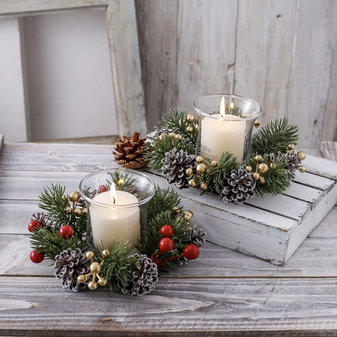 1Pc Christmas Mini Pinecone Wreath Artificial Candle Cup Garland Xmas Table Desktop Ornament Window Door Wall Hanging Home Decor