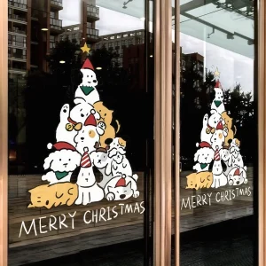 1Pcs Christmas Decor Window Sticker Cute Cartoon Dog Christmas Tree Glass Sticker Holiday Party Scene Decorative Window Decor