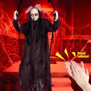 1Pcs Halloween Female Hanging Ghost Electric Swing Ghost Red Dress Glowing Sound Scary Party Props Ghost Festival Bar Decoration