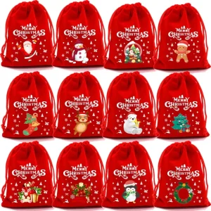 1Pcs Red Christmas Velvet Drawstring Bag, Santa Gift Pouch for Candy and Snack Wrapping, Wedding Party Favors Decoration