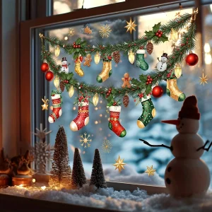 1Sheets Vintage Christmas Garland Stocking Bauble Static Window Sticker PVC Self Cling Glass Door Decal Xmas Shop Home Decor