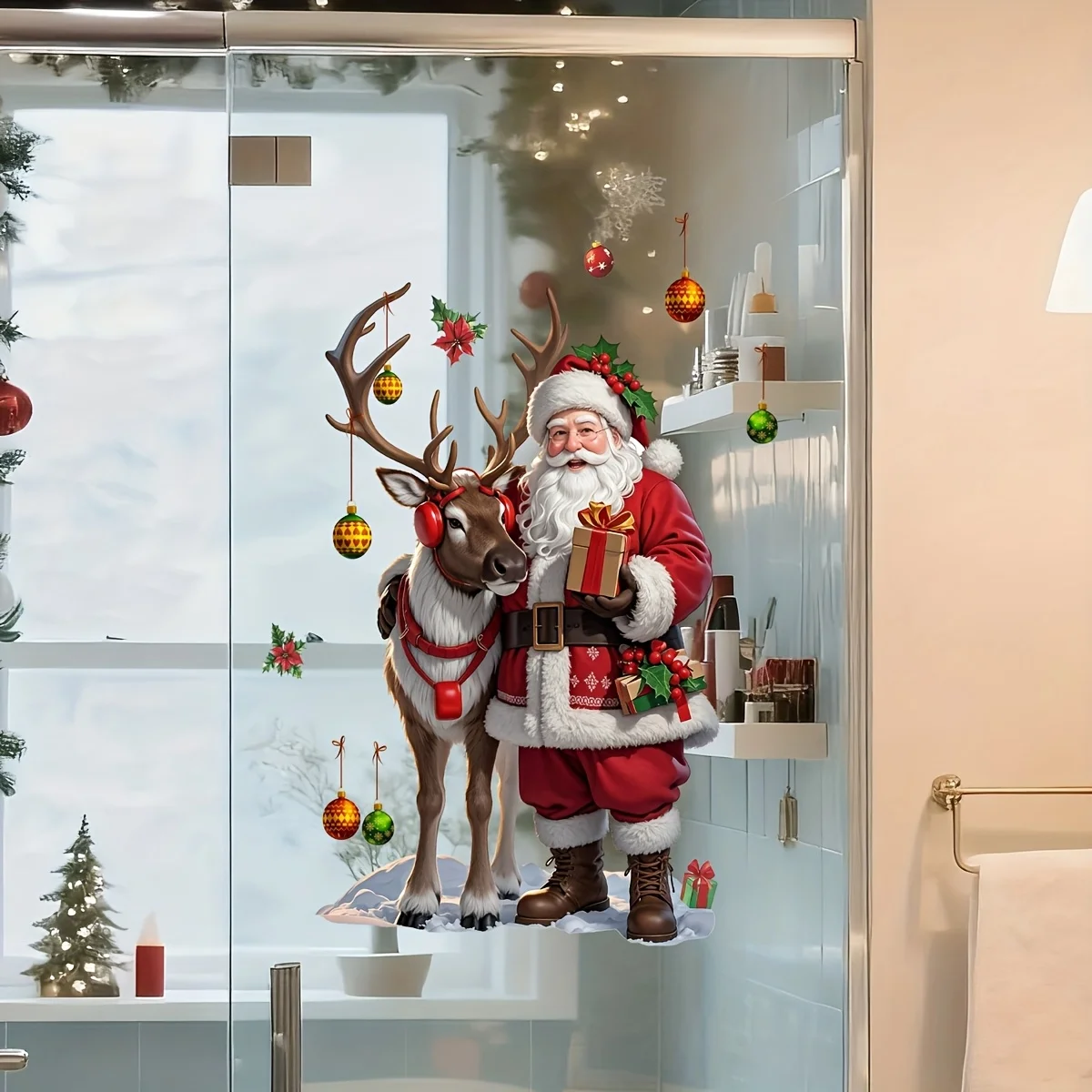 1pc 2D Flat Self Adhesive Removable Double Sided Christmas Window Clings Santa Reindeer Holly Snow Globe PVC DIY Decoration - Image 5