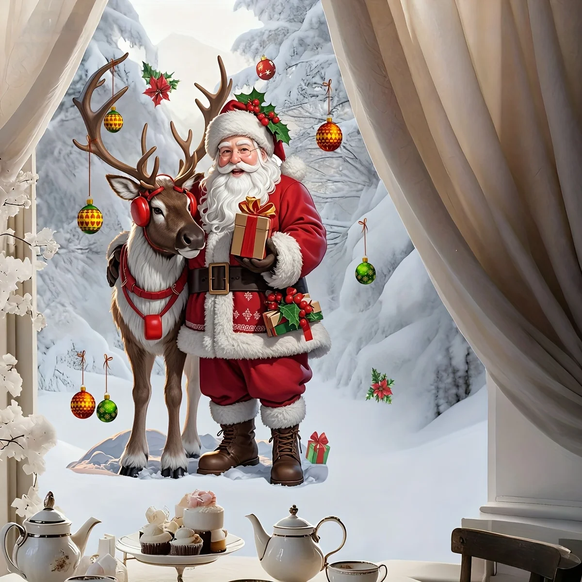 1pc 2D Flat Self Adhesive Removable Double Sided Christmas Window Clings Santa Reindeer Holly Snow Globe PVC DIY Decoration - Image 3